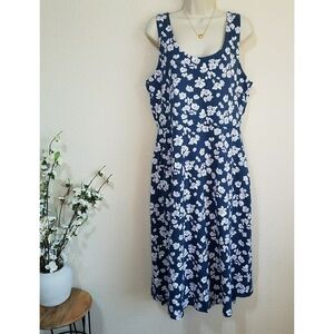 Pact Navy Blue and White Floral Midi Dress NWT